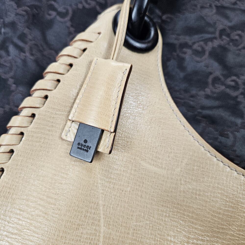 Y2k Gucci Bag Whipstitch Wood Handle Purse Beige Leather - Picture 10 of 12